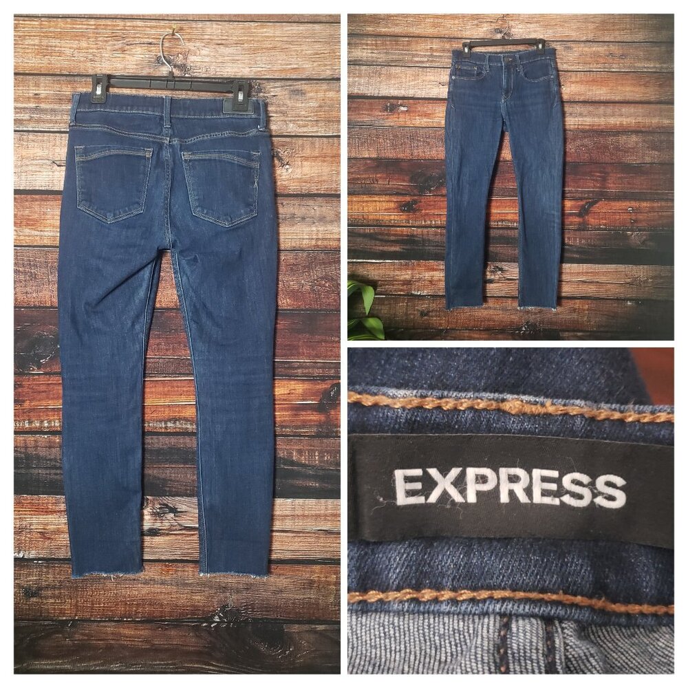 Express Womens 4 Short Dark Blue Denim Skinny Ankle Jeans Raw Hem